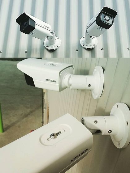 Different angles of a Hikvision 4K IP camera installation on a commercial building. The clean mounting and positioning demonstrate our attention to detail.