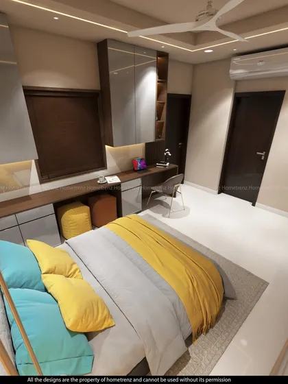 A vibrant and functional kids' bedroom. The design includes a long study desk for two, ample storage, and a fun color palette of yellow, blue, and grey.
