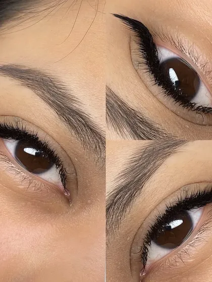 Want a look that gives you a sharp, eyeliner effect? The L-Style lash is your answer. This collage shows the unique straight base and sharp upward curl that lifts the eyes, making them perfect for clients with hooded lids or those who want a bold, defined lash line.