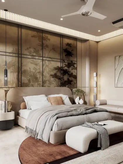 Day and night views of a bedroom with a nature-inspired, hand-painted feature wall. These renders demonstrate how the mood of the room changes, with the evening view highlighting the warm, layered lighting.
