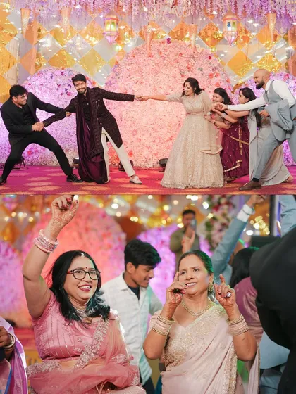 A collage capturing the fun and games at an engagement party, with family and friends joining in the celebration.