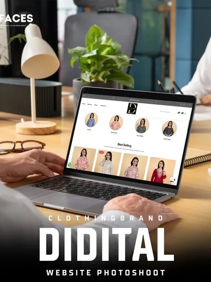 A person working on a laptop that displays a clothing brand's website, featuring our model photography. Our visuals are crafted to give your digital presence a professional and polished look.