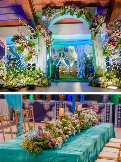 A collage of a blue-themed mehendi decor. It shows the welcome setup, entrance arch, and a beautifully decorated long table with floral centerpieces.