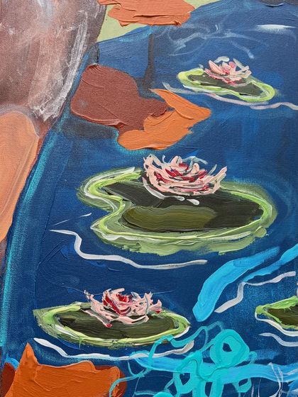 More details of the water lilies. The thick application of acrylic paint gives them a slightly 3D effect, making them pop from the canvas.