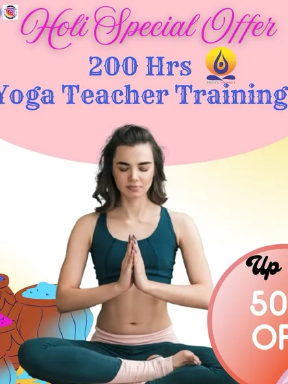 A festive graphic announcing our Holi special offer, with up to 50% off the 200-hour Yoga Teacher Training course for a limited time.