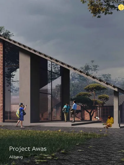 A rendering of 'Project Awas' in Alibag, a future art village and home for an art connoisseur. The design uses a sloping roof and large glass walls to connect the interior with the natural passage of water that runs through the site.
