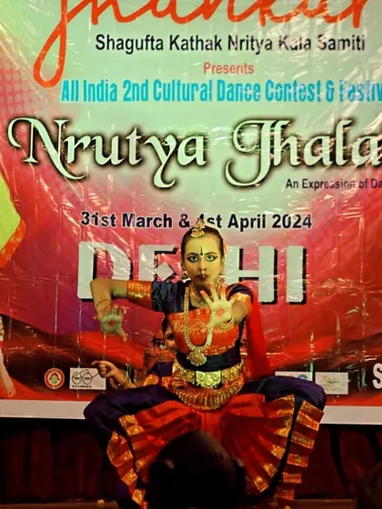 My student in a powerful pose during the "Nritya Jhalak" dance festival in Delhi. Her fierce expression, or 'Raudra Rasa,' is perfect for the character she is portraying.