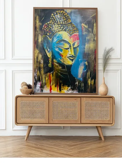 Beyond our workshops, I also create original artworks for your space. This large acrylic painting of Lord Buddha was made to bring a sense of serenity and calm into a home. It showcases the kind of detailed, soulful art I love to create.