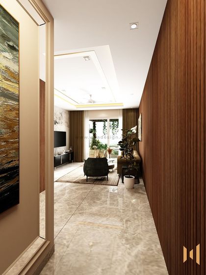 The entrance corridor of this luxury home features a full-length fluted wood wall, creating a dramatic and welcoming first impression.