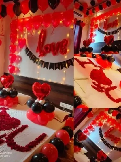 A collage showing multiple angles of a red and black themed romantic room decoration. The setup includes 'Love' banners, heart-shaped balloon arrangements, and rose petals on the bed.