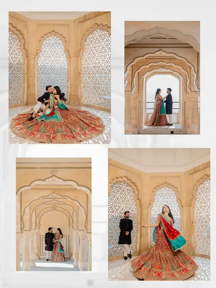 A collage of Mukesh and Jagrity's pre-wedding shoot inside the jali windows of Amer Fort, showing a variety of poses from playful to romantic.