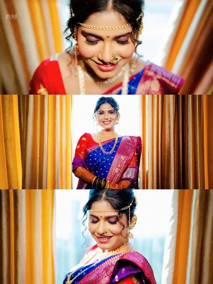 A collage celebrating the Marathi bride. These shots capture her joyful expressions and the beautiful details of her traditional wedding look.