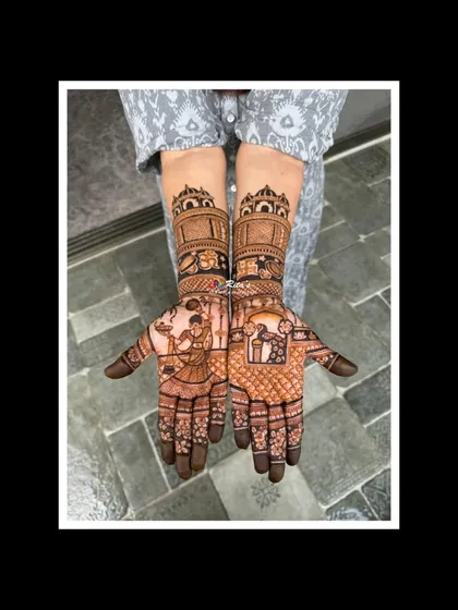 The full view of the Teej mehendi, featuring a woman performing a ritual on the palms.