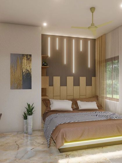 A perspective of the bedroom that captures the bed with its under-lighting, the accent wall, and the large window, creating a bright and welcoming space.