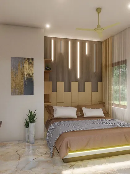 A perspective of the bedroom that captures the bed with its under-lighting, the accent wall, and the large window, creating a bright and welcoming space.