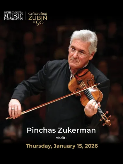 A promotional graphic highlighting Pinchas Zukerman's performance on the first night of the 'Celebrating Zubin at 90' concert series.