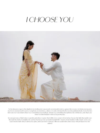A classic proposal shot with a text overlay, capturing the moment he asks for her hand against a simple, elegant backdrop at Melukote.