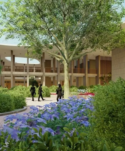 For the D.Y. Patil University Rural Health Training Centre, I designed this courtyard to be a core part of the healing environment. The integration of lush greenery, natural light, and enhanced airflow creates a calming, restorative atmosphere that supports patient recovery and well-being.