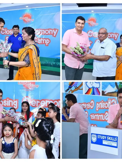 A collage capturing key moments with our esteemed guests at the 2023 closing ceremony. It shows them being welcomed with flowers and addressing the students, adding to the prestige of the event.