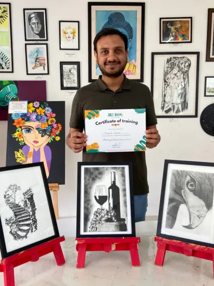 Here is one of our recent graduates from the Sketching Short Term Course, proudly displaying his final artworks. In just 8 weeks, he mastered graphite techniques to create these three incredible, framed pieces.