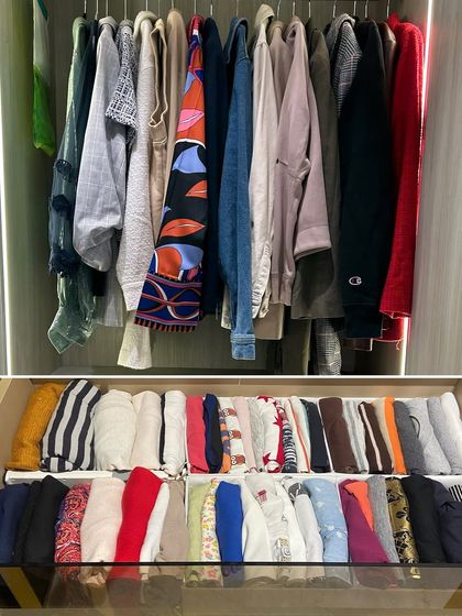A composite image showing hanging shirts above a drawer of vertically folded t-shirts, a classic example of our methods.