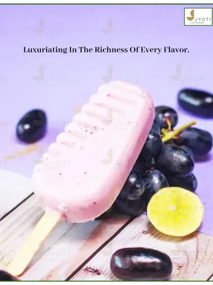 Luxuriating in the richness of every flavour. This grape-flavored kulfi on a stick is a refreshing and unique dessert, perfect for a summer event.
