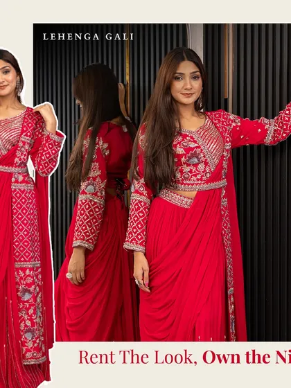 Rent the look, own the night. This vibrant red draped saree with an embroidered blouse and belt is a modern, stylish, and easy-to-wear option for any festive occasion.