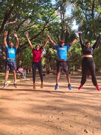 Pure joy! A fun, jumping shot from our run in Cubbon Park. We run hard, but we also make sure to laugh and be silly together. This is what our community is all about.