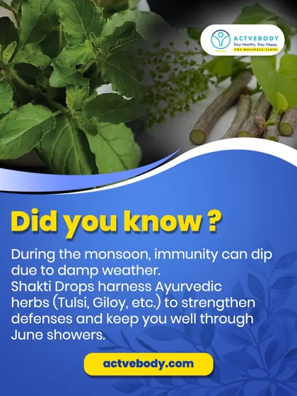 Did you know immunity can dip during the monsoon? This image highlights the key herbs in Shakti Drops, like Tulsi and Giloy, which strengthen your body's defenses to keep you well through the June showers.