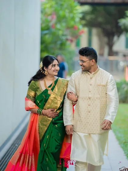 Another lovely walking portrait of Jagruti and Shubham, capturing their conversation and smiles as they stroll together.