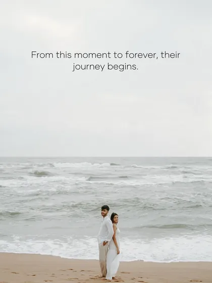 Standing back-to-back against the vast ocean in Goa. This portrait, with the text "From this moment to forever, their journey begins," captures a sense of infinite possibility and commitment.