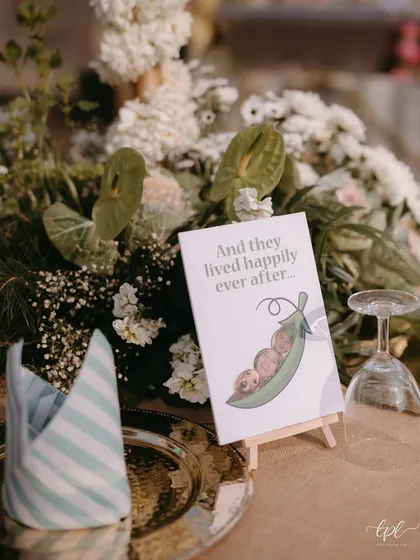 More examples of our personalized table placards, featuring the couple's pets and funny memes that tell their unique love story.