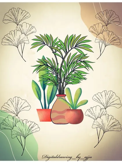 A digital Boho illustration featuring potted plants and ginkgo leaf patterns. This piece combines my love for nature with a modern, decorative art style.