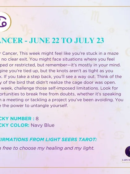 This week's tarot reading for Cancer. The cards suggest a feeling of being trapped, but remind you that these limitations are mostly in your mind and can be overcome.