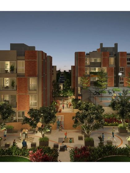 This rendering illustrates our vision for "Weaving a Fabric," a housing project in Bengaluru designed as a layered map of private homes and public plazas. The design encourages community interaction through a network of gardens, streets, and courtyards.