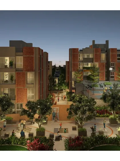 This rendering illustrates our vision for "Weaving a Fabric," a housing project in Bengaluru designed as a layered map of private homes and public plazas. The design encourages community interaction through a network of gardens, streets, and courtyards.