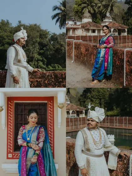 A collection of individual and couple portraits from a Konkani wedding in Goa, showcasing the vibrant blue Nauvari saree.