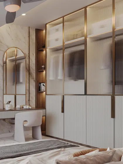This bedroom render focuses on the seamless integration of a vanity area and wardrobe. The fluted glass doors are visualized to suggest the contents within while maintaining a clean aesthetic.
