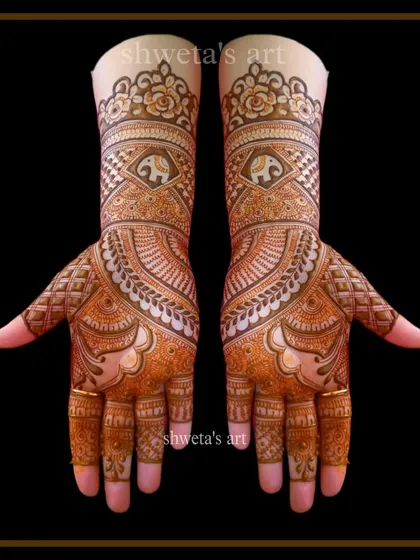 A classic Indian mehendi design for the hands. This pattern features a central elephant motif surrounded by intricate traditional patterns, perfect for any festive occasion.