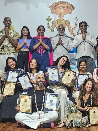 Celebrating the graduates of our 300-hour TTC and specialized courses in Yin, Aerial, and Sound Healing. This photo represents the holistic and multi-style approach of our training.
