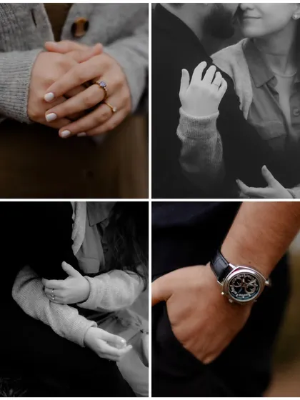 A collection of detailed monochrome shots focusing on the hands. This collage tells a story through small, intimate details like the interlocking fingers, the bride's ring, and the groom's watch.