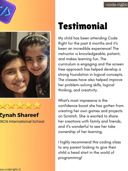 Nothing makes me happier than hearing from parents. This testimonial from Zynah's mother highlights the impact of my screen-free approach on building logical concepts, problem-solving skills, and creativity. It’s wonderful to see students take ownership of their learning.