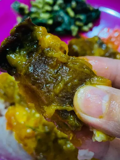 A piece of the delicious smoked pork with pumpkin curry, served with rice.