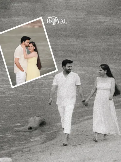 A black and white edit with a color pop inset, showing a couple walking hand-in-hand on the beach.