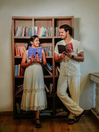 For the couple whose love story started with books. Suchita and Om Prakash share a moment in a cozy library setting, a unique and personal pre-wedding theme.