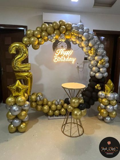 A full view of the stylish 21st birthday home setup.