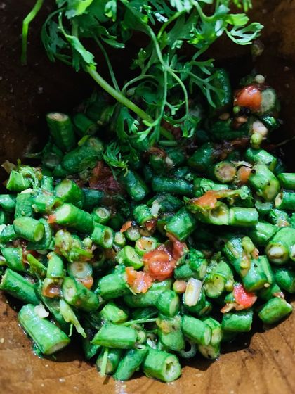 The finished snake bean chutney, ready to be eaten. It's crunchy, spicy, and very fresh.