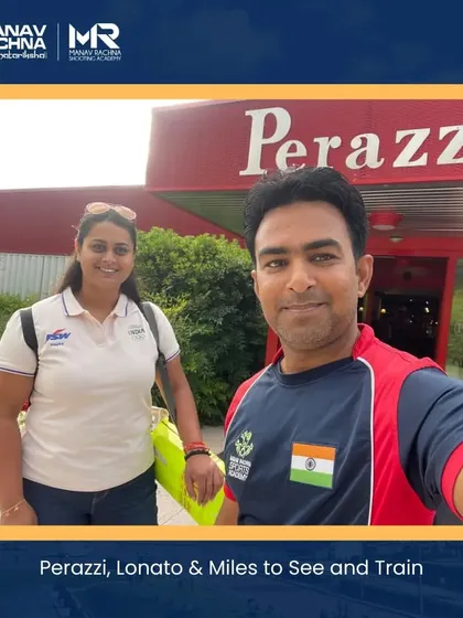 Our coach Anant with shooter Shreyasi Singh outside the Perazzi facility in Lonato, Italy. Our program includes access to the world's best equipment manufacturers for servicing and testing.