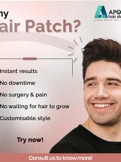 Why choose a hair patch? This graphic lists the top reasons: instant results, no downtime, no surgery or pain, no waiting for hair to grow, and a completely customizable style.