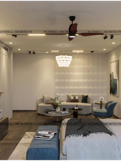 We transformed this bedroom into a cozy sanctuary with bespoke details. The TV unit features a unique wave-inspired design, while soft, textured fabric paneling behind the seating area adds warmth and comfort.